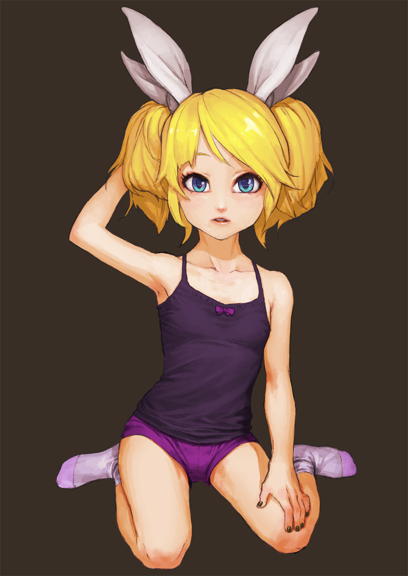armpits blonde_hair blue_eyes bow boyshorts camisole collarbone hair_bow hand_on_own_head kagamine_rin nail_polish ninny-world open_mouth short_hair short_twintails simple_background sitting socks solo twintails vocaloid wariza