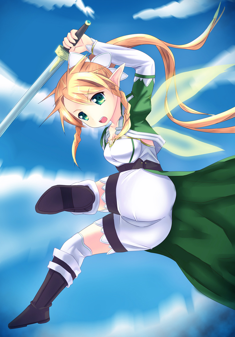 1girl ass blonde_hair boots braid breasts elf fairy_wings from_below fuyuki8208 green_eyes leafa long_hair open_mouth pointy_ears ponytail puffy_sleeves shorts sky sword sword_art_online thighhighs weapon wings