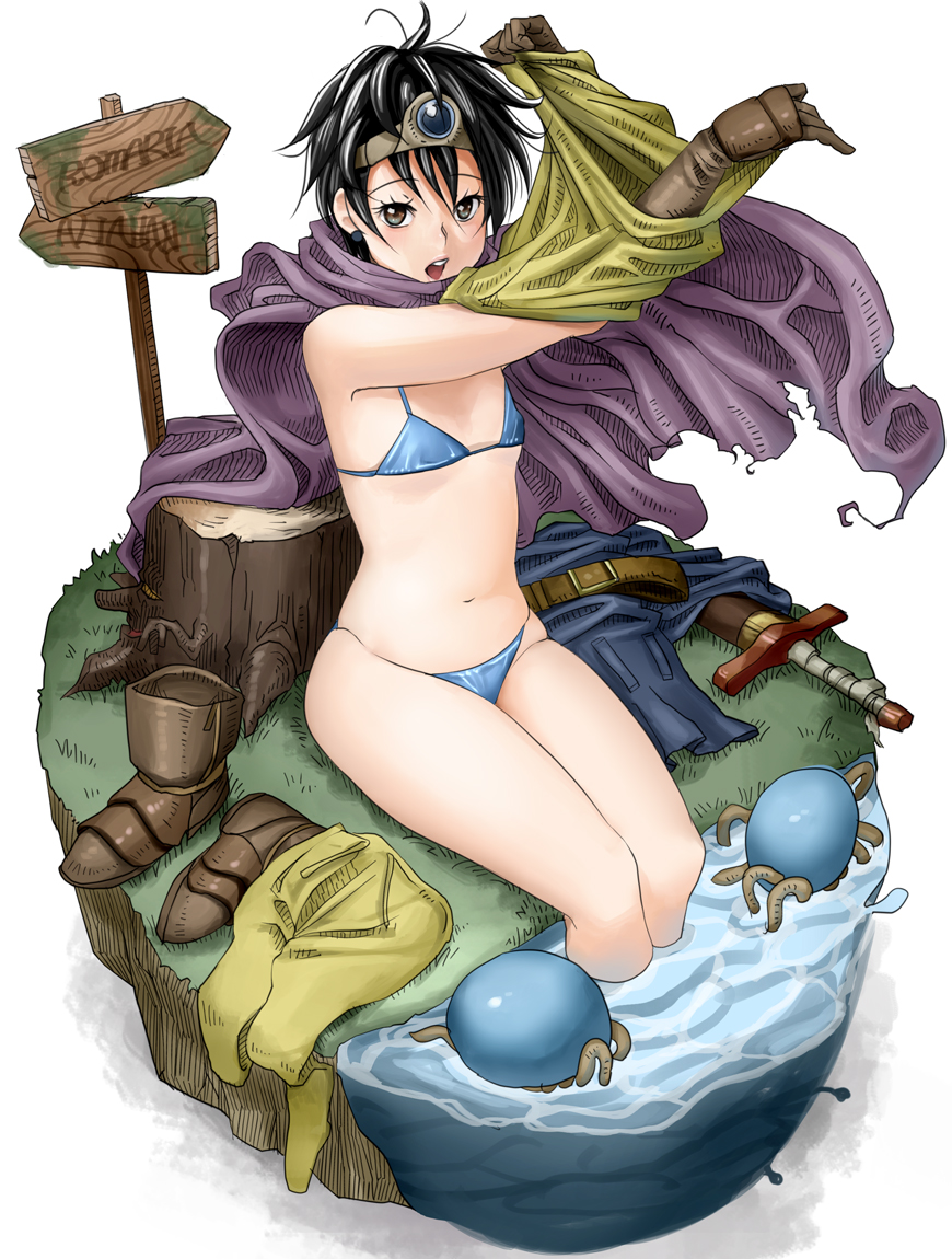 bikini black_hair brown_eyes dragon_quest dragon_quest_iii flat_chest hayakawa_pao md5_mismatch roto short_hair solo swimsuit undressing