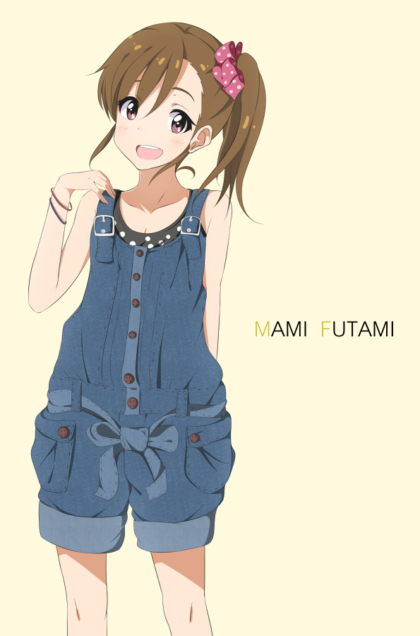:d arm_behind_back bad_id bad_pixiv_id blush bracelet brown_eyes brown_hair character_name collarbone folded_clothes futami_mami hand_on_own_shoulder head_tilt hitotsuki_nanoka idolmaster idolmaster_(classic) jewelry knees looking_at_viewer open_mouth overalls polka_dot short_hair side_ponytail simple_background smile solo yellow_background