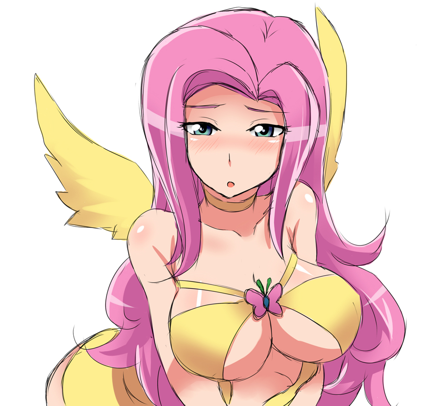 bare_shoulders blue_eyes blush breasts bug butterfly collar collarbone curly_hair fluttershy insect long_hair looking_at_viewer my_little_pony my_little_pony_friendship_is_magic personification pink_hair sidelocks simple_background solo white_background wings