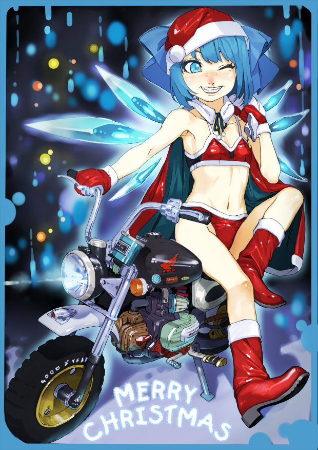 armpits bikini blue_eyes blue_hair blush boots bow cape christmas cirno freckles grin ground_vehicle hair_bow hat ice ice_wings merry_christmas mittens motor_vehicle motorcycle navel ninny-world one_eye_closed runny_nose sack santa_hat smile swimsuit touhou wings