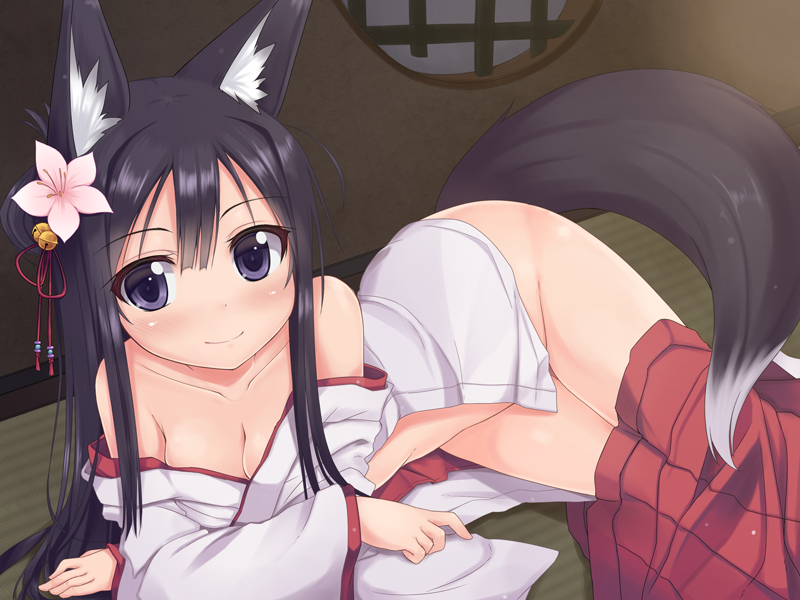 animal_ears bell black_hair breasts cleavage copyright_request flower fox_ears fox_tail hair_bell hair_between_eyes hair_flower hair_ornament japanese_clothes long_hair lying medium_breasts miko no_panties off_shoulder on_side open_clothes pants_pull purple_eyes smile solo tail tatami utsurogi_akira