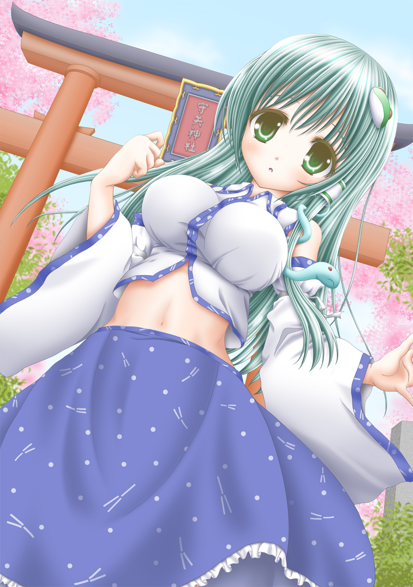 bad_id bad_pixiv_id breasts cherry_blossoms detached_sleeves frog_hair_ornament green_eyes green_hair hair_ornament hair_tubes highres kochiya_sanae long_hair medium_breasts midriff navel open_mouth skirt snake_hair_ornament solo torii touhou tree yosiaki