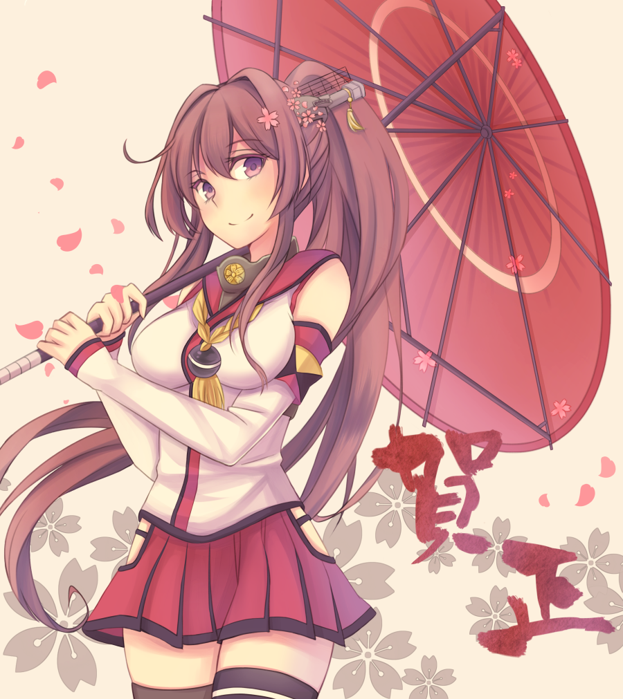 black_legwear breasts brown_hair cherry_blossoms flower hair_ornament headgear kantai_collection keikei_(kitty_colors) large_breasts long_hair looking_at_viewer oriental_umbrella pleated_skirt ponytail red_eyes red_umbrella skirt smile solo thighhighs umbrella yamato_(kantai_collection) zettai_ryouiki
