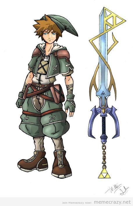 crossover kingdom_hearts legend_of_zelda link sora sora_(kingdom_hearts) sword the_legend_of_zelda weapon