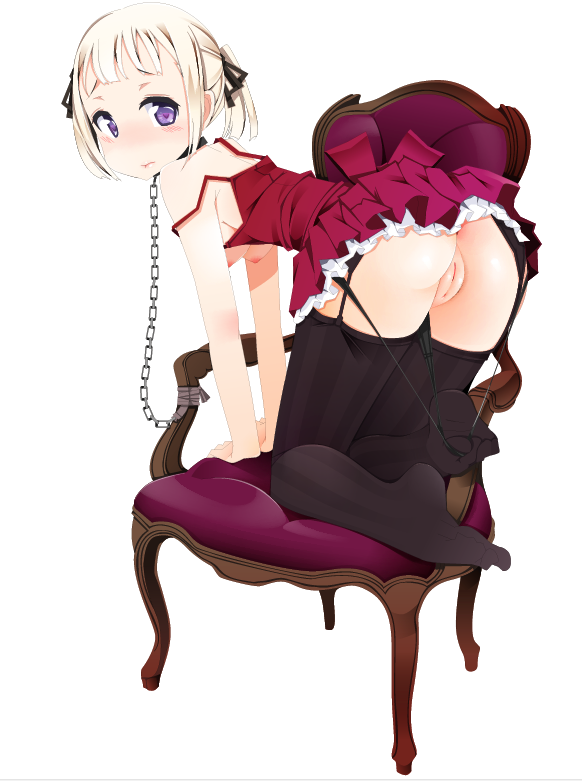 all_fours ass bad_id bad_pixiv_id black_legwear blonde_hair blush breasts chain chained chair garter_straps kazuha_nanako medium_breasts nipples original panties purple_eyes pussy short_hair short_twintails simple_background skirt solo striped striped_legwear thighhighs twintails underwear white_background