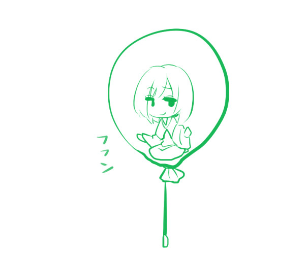 balloon chibi doodle floating in_balloon japanese_clothes kimono looking_to_the_side monochrome original poaro simple_background sitting smirk solid_oval_eyes solo string white_background