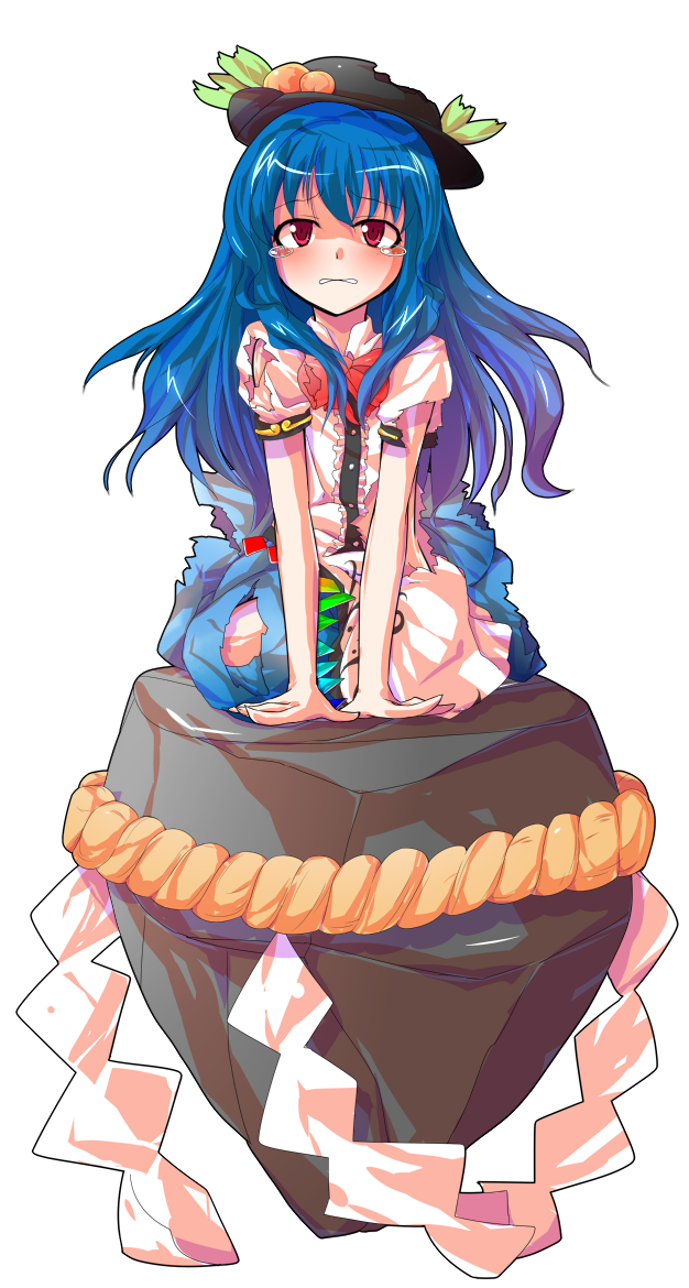 alphes_(style) bad_id bad_pixiv_id blue_hair dairi food fruit hat hinanawi_tenshi long_hair looking_at_viewer parody peach puffy_sleeves red_eyes rope shimenawa shirt short_sleeves sitting_on_rock skirt solo style_parody tears torn_clothes torn_hat torn_shirt torn_skirt touhou transparent_background very_long_hair
