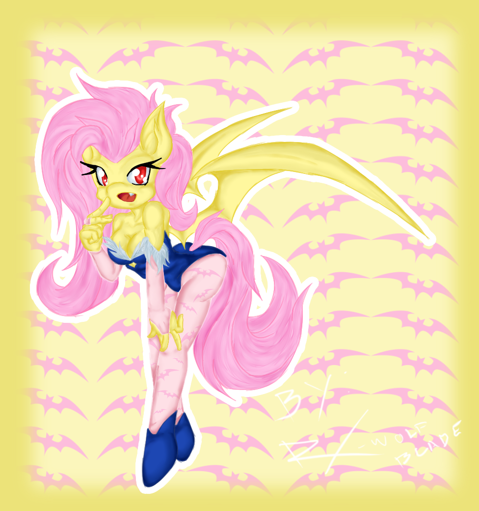 anthrofied bat_pony bat_wings cleavage clothed clothing equine eyelashes fangs female flutterbat_(mlp) fluttershy_(mlp) friendship_is_magic fur hair hands legwear long_hair looking_at_viewer mammal morrigan my_little_pony pegasus pink_hair red_eyes rx-wolfblade solo stockings wings yellow_fur