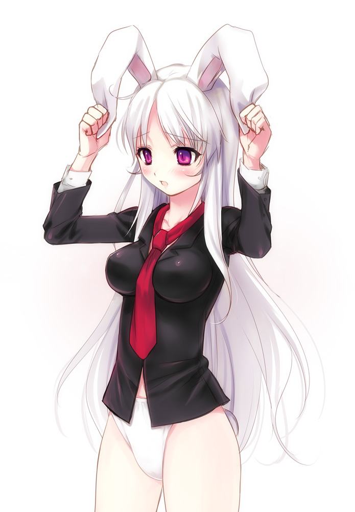 alternate_costume alternate_hair_color animal_ears bad_id bad_pixiv_id blush breasts bunny_ears bunny_tail dress_shirt ichiro_yoshizumi impossible_clothes large_breasts long_hair necktie no_pants panties purple_eyes red_neckwear reisen_udongein_inaba shirt silver_hair simple_background solo tail touhou underwear very_long_hair white_background white_hair white_panties