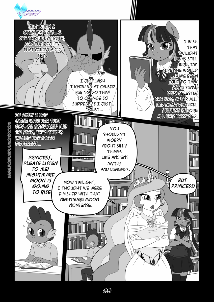 anthro anthrofied black_and_white book bookshelf bracelet cat_eyes clothing comic crown dialog dragon dress english_text equine fangs female friendship_is_magic greyscale horn horse jewelry library male mammal monochrome my_little_pony necklace pia-sama pony princess_celestia_(mlp) skirt slit_pupils spike_(mlp) tears text twilight_sparkle_(mlp) unicorn uniform winged_unicorn wings young