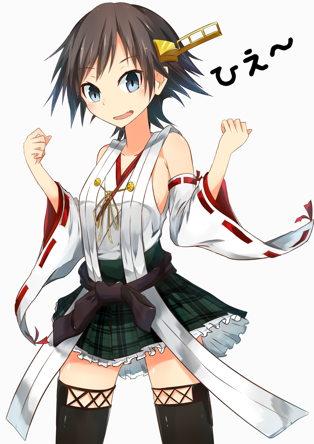blue_eyes boots brown_hair detached_sleeves fang frilled_skirt frills hairband hiei_(kantai_collection) highres japanese_clothes kantai_collection nontraditional_miko open_mouth plaid plaid_skirt remodel_(kantai_collection) ribbon-trimmed_sleeves ribbon_trim short_hair skirt solo sune_(mugendai) thigh_boots thighhighs translated wide_sleeves