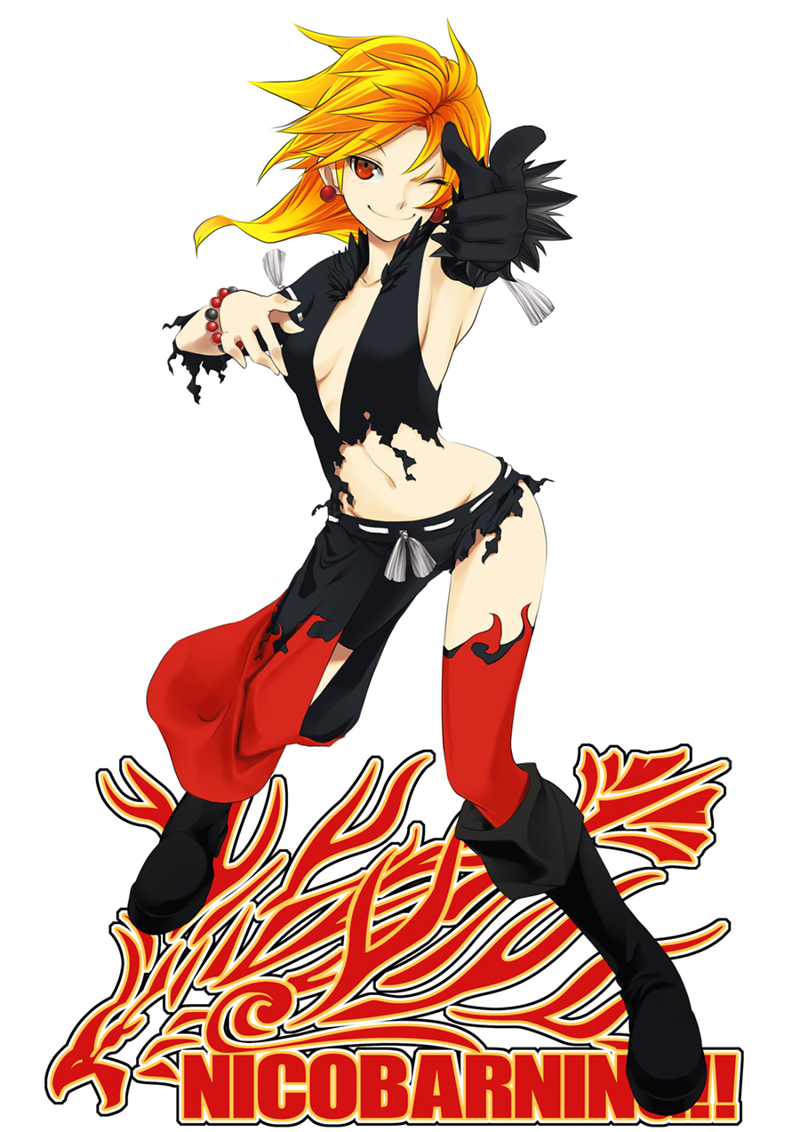 arched_back armpits asymmetrical_clothes bead_bracelet beads bird boots bracelet breasts breasts_apart character_name cleavage earrings elbow_gloves fire flame flame_print full_body fur_trim gloves highres hips jewelry long_hair looking_at_viewer medium_breasts navel nico_barning one_eye_closed orange_hair original poaro pointing pointing_at_viewer red_eyes shorts simple_background single_elbow_glove single_thighhigh smile solo stance tassel thighhighs torn_clothes v-neck white_background