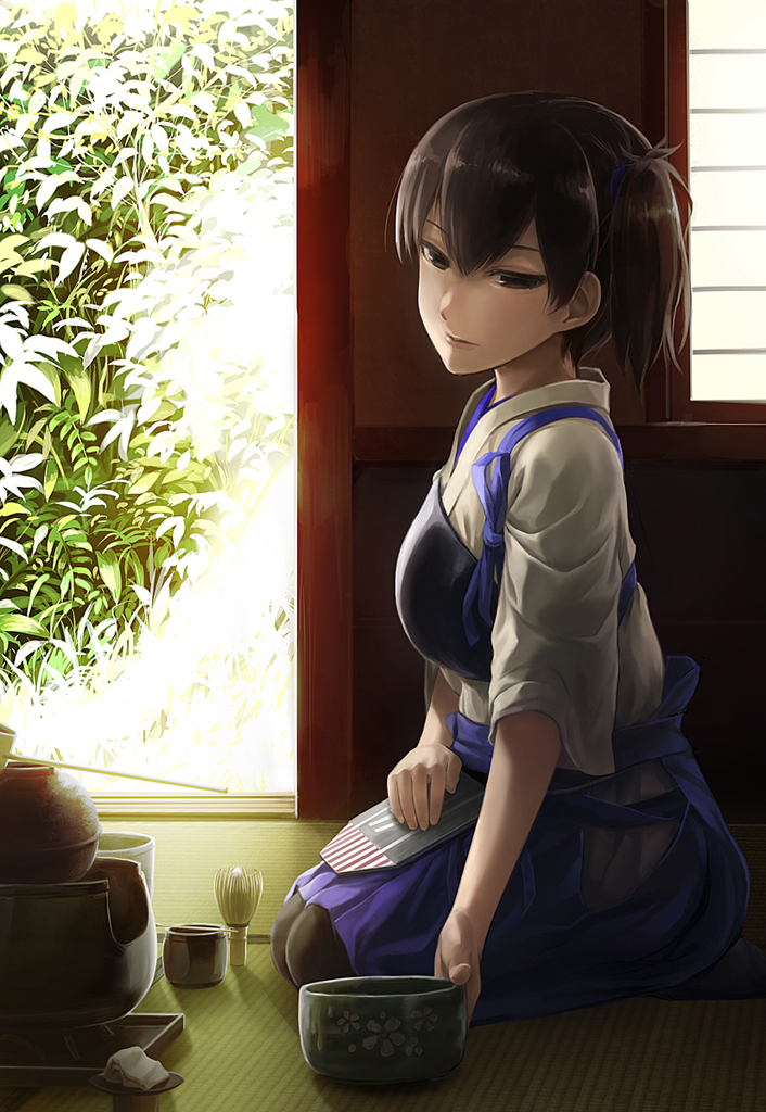 black_legwear blush brown_eyes brown_hair chasen cup green_tea hakama_skirt japanese_clothes kaga_(kantai_collection) kantai_collection lif seiza short_hair side_ponytail sitting skirt sliding_doors solo tasuki tatami tea tea_ceremony thighhighs