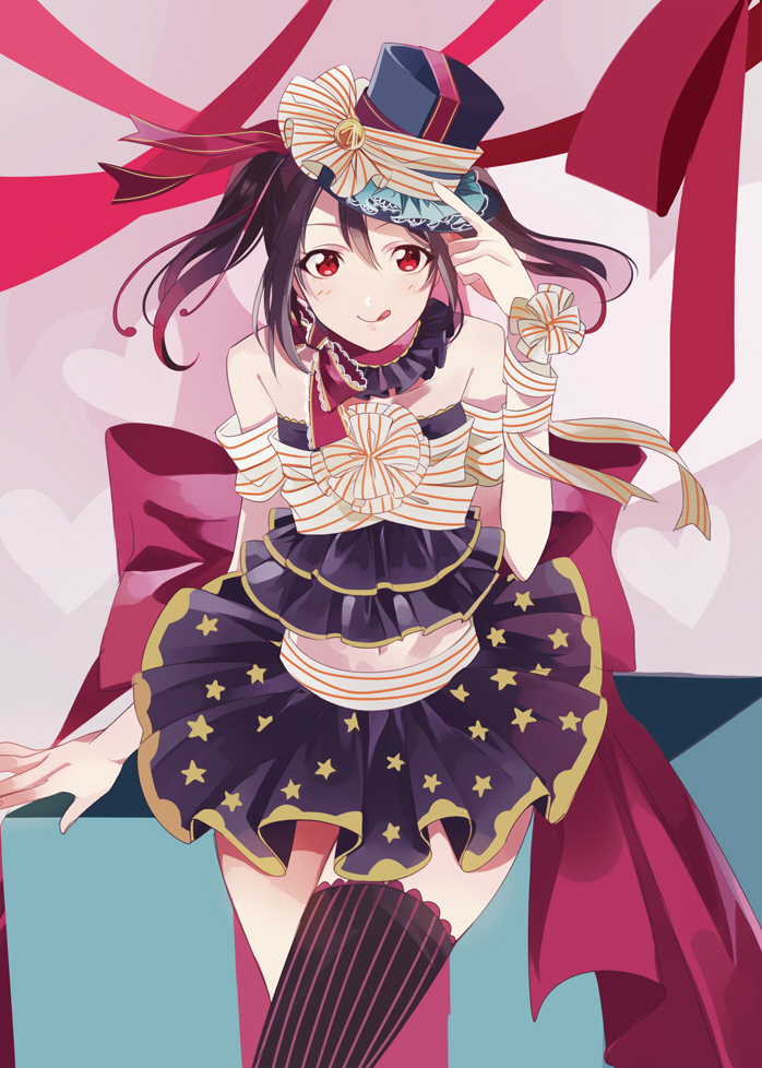 :q bad_id bad_pixiv_id black_hair bow hand_on_headwear hat hoe_satsuki long_hair looking_at_viewer love_live! love_live!_school_idol_project navel pinstripe_pattern print_skirt red_eyes single_thighhigh skirt smile solo star star_print striped thighhighs tongue tongue_out twintails yazawa_nico
