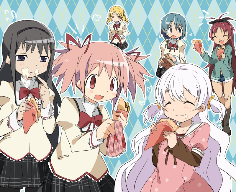 akemi_homura black_hair blonde_hair blue_hair bow closed_eyes cream cream_on_face crepe dress drill_hair food food_on_face hair_bow hair_ribbon hairband hibimegane hood hoodie kaname_madoka long_hair mahou_shoujo_madoka_magica mahou_shoujo_madoka_magica_movie miki_sayaka momoe_nagisa multiple_girls napkin official_style pink_eyes pink_hair polka_dot polka_dot_dress ponytail purple_eyes red_hair ribbon sakura_kyouko school_uniform short_hair short_shorts short_twintails shorts tomoe_mami twin_drills twintails two_side_up wallet white_hair yellow_eyes