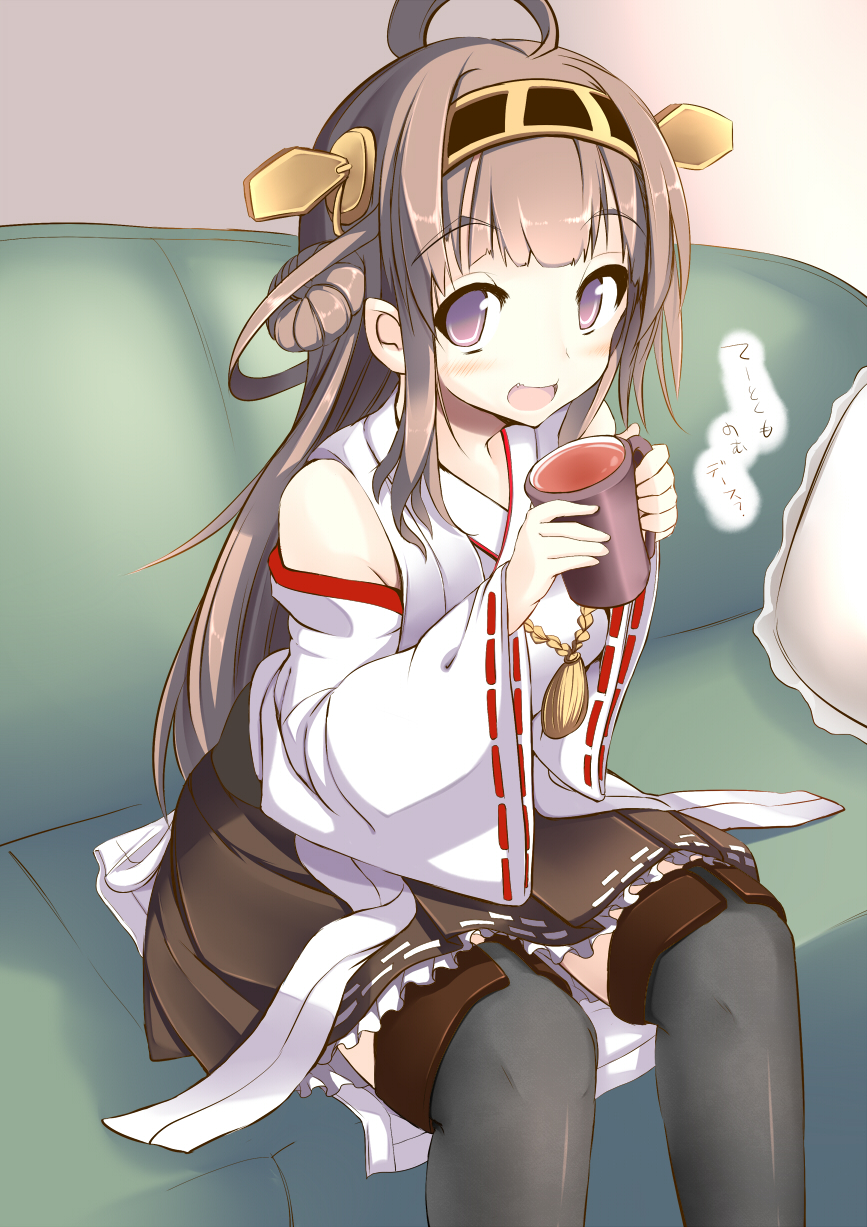 :d ahoge boots brown_hair detached_sleeves fang frilled_skirt frills hairband highres japanese_clothes kantai_collection kongou_(kantai_collection) long_hair looking_at_viewer nontraditional_miko open_mouth purple_eyes sitting skirt smile solo sukage tea thigh_boots thighhighs wide_sleeves