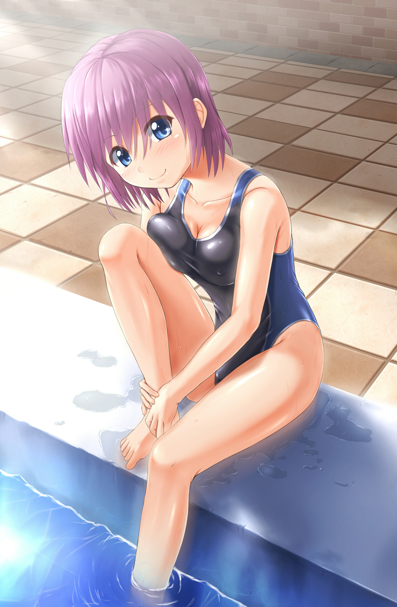 barefoot blue_eyes breast_press breasts competition_swimsuit highres leg_hug looking_at_viewer one-piece_swimsuit original pink_hair poolside short_hair sitting smile soaking_feet solo swimsuit takuya_kame water wet