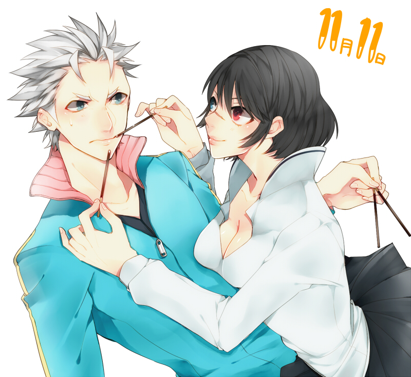 1girl black_hair blue_eyes devil_may_cry devil_may_cry_3 food haine_(howling) heterochromia lady_(devil_may_cry) pocky pocky_day red_eyes scar vergil wavy_mouth white_hair