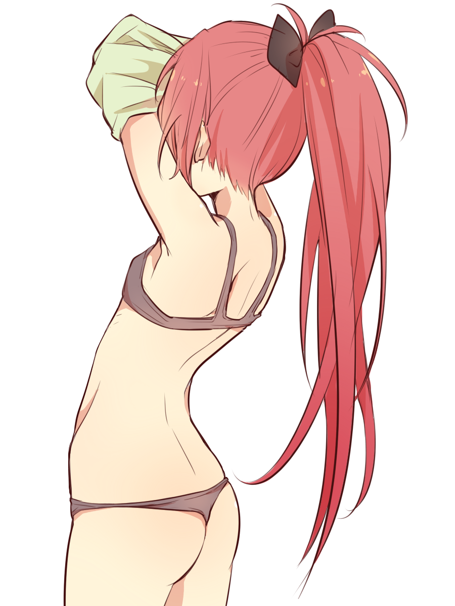 armpits arms_up ass back bad_id bad_pixiv_id black_bra black_panties bow bra flat_chest hair_bow highres long_hair mahou_shoujo_madoka_magica panties ponytail red_hair sakura_kyouko simple_background solo thong underwear underwear_only undressing very_long_hair white_background yutsumoe