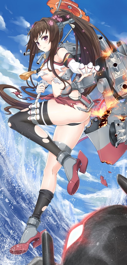ammunition ankle_boots ass black_panties boots breasts brown_hair cherry_blossoms fengsao_hua_tanzhang fire headgear kantai_collection long_hair machinery medium_breasts monster panties ponytail purple_eyes shinkaisei-kan single_thighhigh solo sparks thighhighs thong torn_clothes turret umbrella underboob underwear yamato_(kantai_collection)