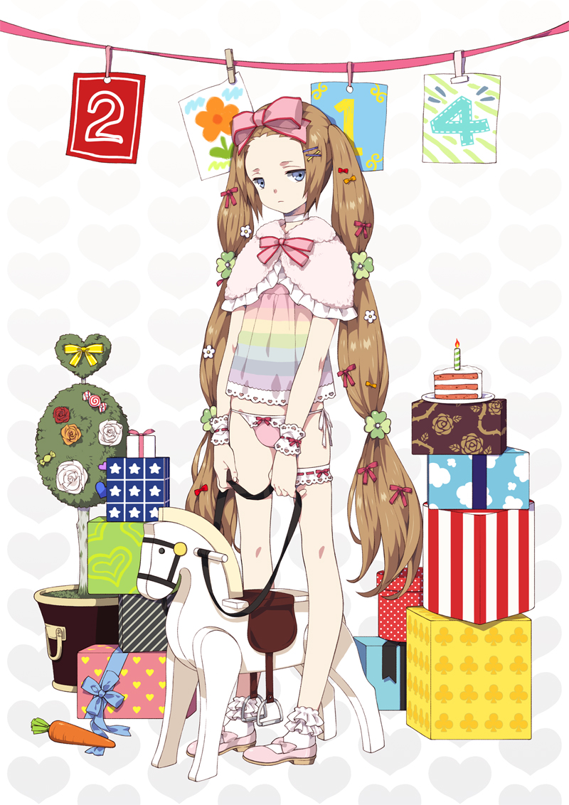 2014 blue_eyes bow cake candle capelet carrot food forehead garters gift hair_bow hair_ornament hairclip long_hair montanyaoh multi-tied_hair original otoko_no_ko panties plant potted_plant side-tie_panties socks toy toy_horse twintails underwear very_long_hair wrist_cuffs