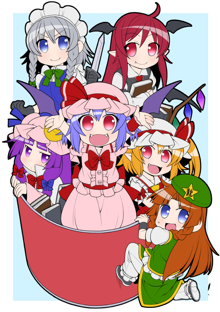bat_wings black_gloves blonde_hair blue_dress blue_eyes blue_hair book bow braid brown_hair bucket carrying chibi chinese_clothes crescent dress eichi_yuu fang fangs flandre_scarlet gloves hair_ribbon hat head_wings hong_meiling in_bucket in_container izayoi_sakuya jitome knife koakuma looking_at_viewer maid maid_headdress mob_cap multiple_girls open_mouth pants patchouli_knowledge pink_dress pink_eyes pointy_ears purple_eyes purple_hair red_dress red_eyes red_hair remilia_scarlet ribbon shirt silver_hair skirt skirt_set smile touhou tress_ribbon twin_braids wings wrist_cuffs