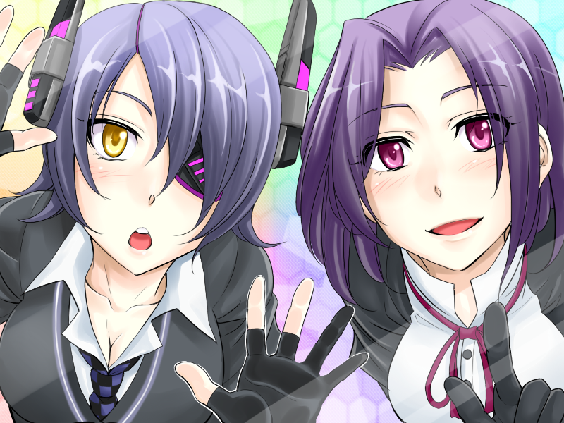 blue_hair breasts checkered checkered_neckwear chestnut_mouth cleavage eyepatch fingerless_gloves fourth_wall gloves headgear kachirou kantai_collection looking_at_viewer medium_breasts multiple_girls necktie open_mouth purple_eyes purple_hair short_hair smile tatsuta_(kantai_collection) tenryuu_(kantai_collection) yellow_eyes