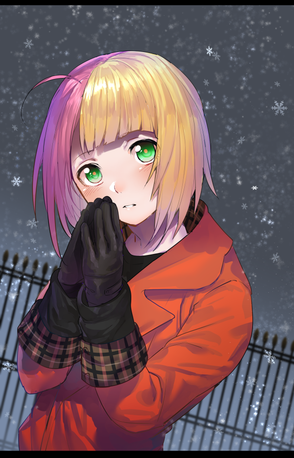 ahoge androgynous bad_id bad_twitter_id blonde_hair blush erubo gloves green_eyes hands_together looking_at_viewer male_focus multicolored_hair original otoko_no_ko parted_lips pink_hair snowflakes solo theodor_bachstein two-tone_hair