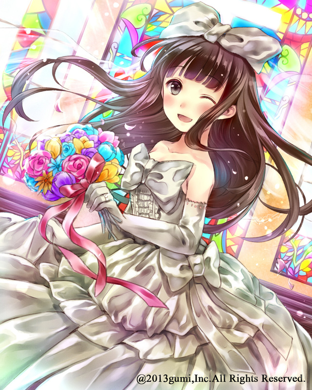 ;d black_hair blush bouquet bow bridal_veil dress elbow_gloves flower gloves hair_bow hanekoto one_eye_closed open_mouth original smile solo stained_glass veil wedding_dress