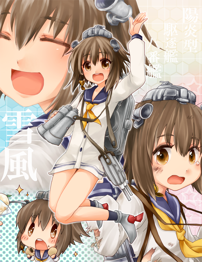 ^_^ binoculars brown_eyes brown_hair burnt_clothes cannon chibi closed_eyes cookie dress dual_persona food hair_ornament ice_cream kantai_collection multiple_girls open_mouth sailor_dress short_hair smile suna_kiririto tears torn_clothes turret yukikaze_(kantai_collection)