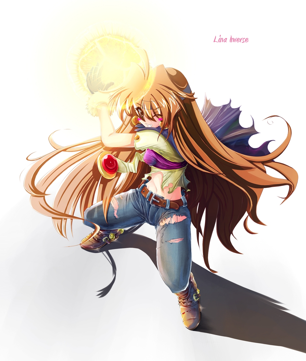 ahoge alternate_costume belt blue_barret blush boots cape character_name contemporary denim earrings full_body grin jeans jewelry lina_inverse long_hair magic midriff one_eye_closed orange_eyes orange_hair pants shadow shirt slayers smile solo torn_clothes torn_jeans torn_pants white_background