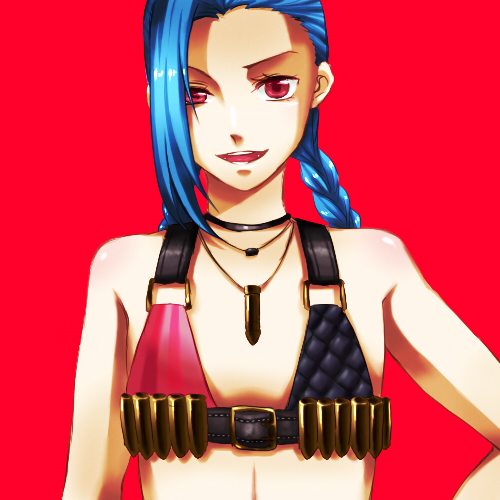 1girl blue_hair braid braids hairline jinx_(league_of_legends) league_of_legends lowres red_eyes twintails