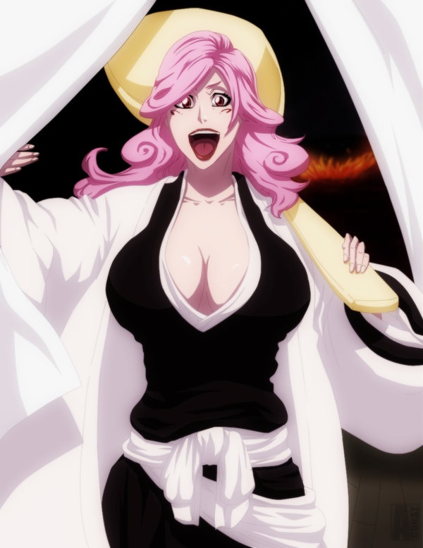aconst bleach breasts cleavage curtains downscaled haori hikifune_kirio huge_breasts japanese_clothes lipstick makeup md5_mismatch mole pink_hair resized smile solo spoilers utensil