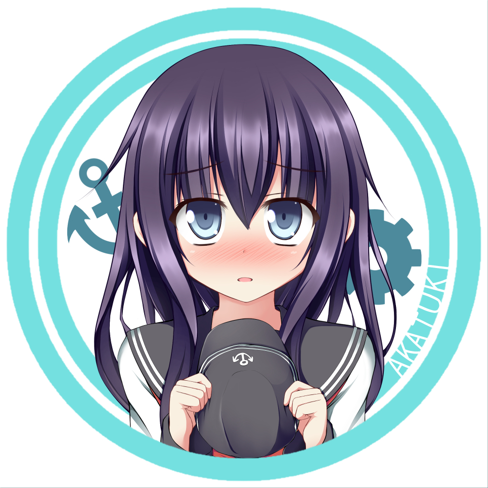 akatsuki_(kantai_collection) anchor blue_eyes blush character_name gears hat hat_removed headwear_removed holding holding_hat kantai_collection kunreishiki long_hair looking_at_viewer mizuki_(kogetsu-tei) purple_hair school_uniform serafuku shirt solo upper_body