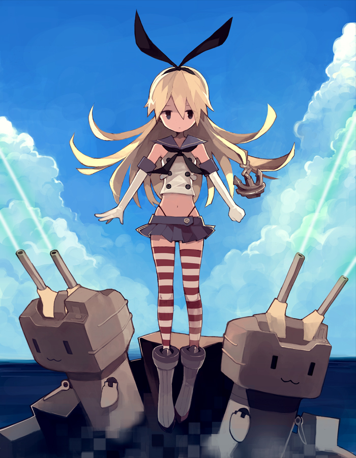 :3 anchor ankle_boots bad_id bad_pixiv_id black_eyes blonde_hair boots elbow_gloves fuco gloves grey_footwear hairband kantai_collection long_hair navel rensouhou-chan shimakaze_(kantai_collection) skirt striped striped_legwear thighhighs white_gloves