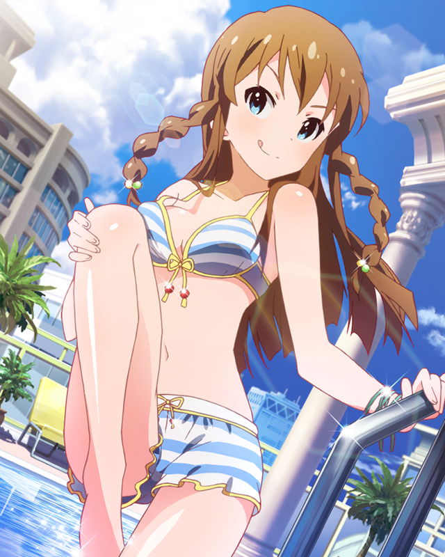 :q aqua_eyes artist_request bikini bracelet braid brown_hair cloud day idolmaster idolmaster_million_live! jewelry kousaka_umi licking_lips long_hair navel official_art pool sky smile solo swimsuit tongue tongue_out twin_braids two_side_up water