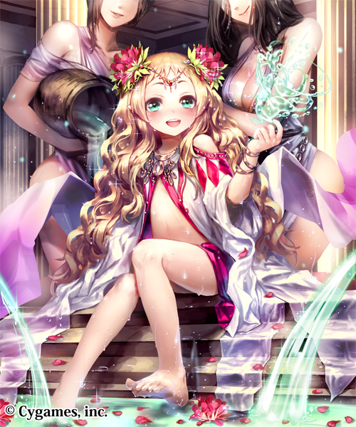 :d bare_legs bare_shoulders barefoot blonde_hair blush breasts cleavage full_body green_eyes head_out_of_frame headdress irua long_hair looking_at_viewer medium_breasts multiple_girls open_mouth petals petite pillar shingeki_no_bahamut sitting sitting_on_stairs smile soaking_feet solo_focus stairs toes water wet