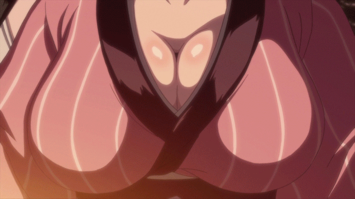 animated animated_gif assisted_exposure bouncing_breasts breasts breasts_outside cleavage exposed large_breasts manyuu_hikenchou multiple_girls nipples shiny shiny_skin undressing yuri
