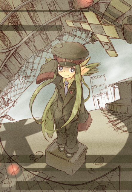 alternate_costume arm_up blue_eyes box conductor full_body green_hair hair_down hat long_hair miyako_(naotsugu) necktie on_box oversized_clothes pants pointy_ears puyopuyo puyopuyo_fever railroad_crossing railroad_tracks rider_(puyopuyo) sleeves_past_wrists solo standing standing_on_object uniform