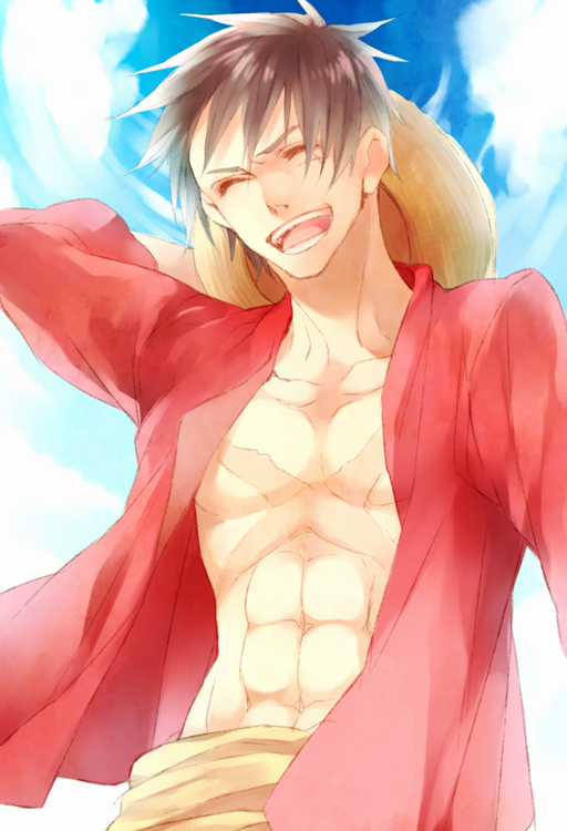 1boy abs akizuki_hakuto blue_sky eyes_closed hat headwear_removed male male_focus monkey_d_luffy muscle one_piece open_clothes open_mouth open_shirt outdoors red_shirt sash scar shirt sky smile solo straw_hat