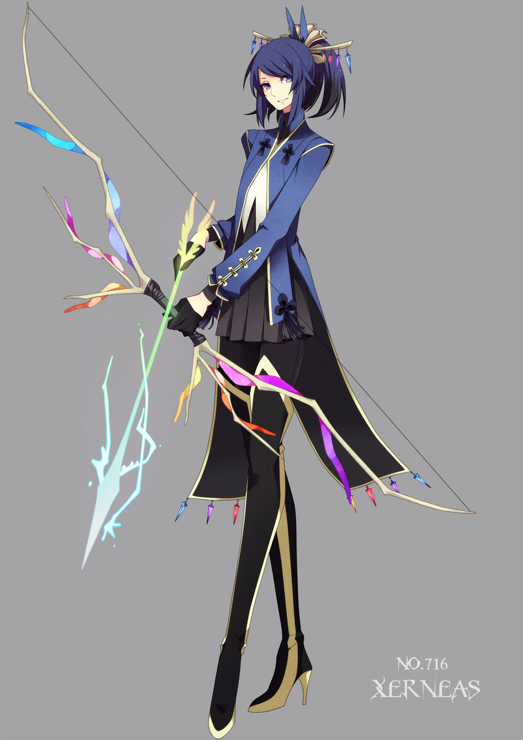 arrow black_gloves black_legwear blue_eyes blue_hair bow_(weapon) character_name flat_chest full_body gen_6_pokemon gloves grey_background hair_ornament high_heels highres holding holding_weapon merlusa pantyhose parted_lips personification pokemon simple_background skirt smile solo standing trench_coat weapon xerneas