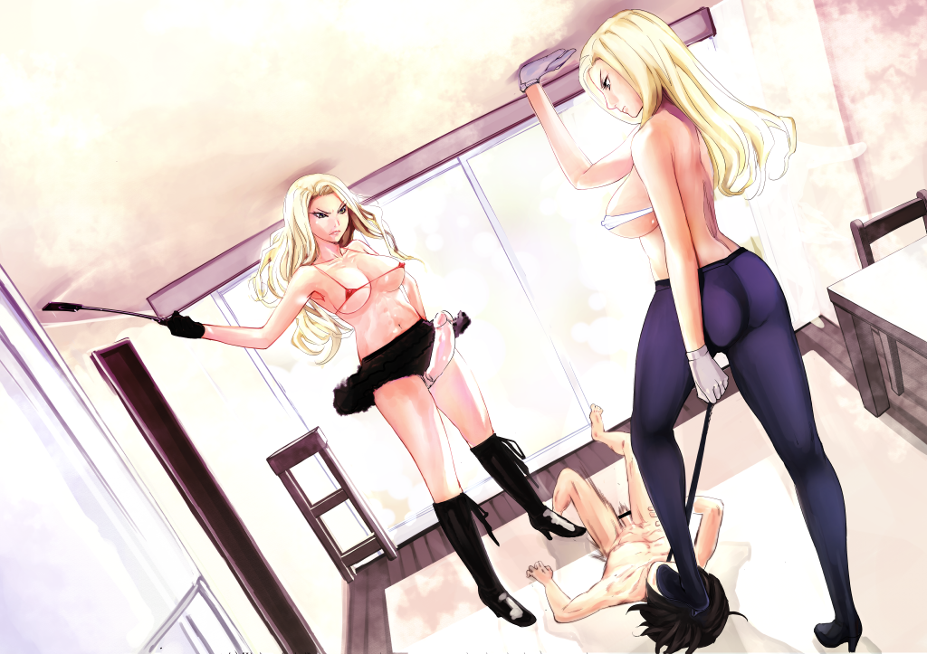 1boy 2girls angry ass bikini_top blonde_hair boots breasts censored cleavage clothed_female_nude_male femdom futanari gloves high_heels large_breasts long_hair lying midriff multiple_girls pantyhose penis shida shida_(ddfd) skirt stepping_on_face whip