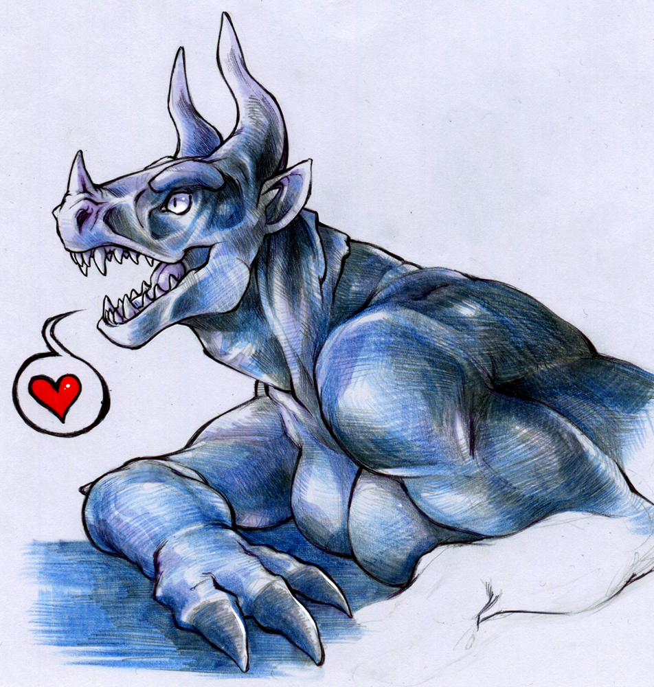 &lt;3 breasts dragon fangs female harag horn open_mouth pointy_ears scalie solo teeth traditional_media