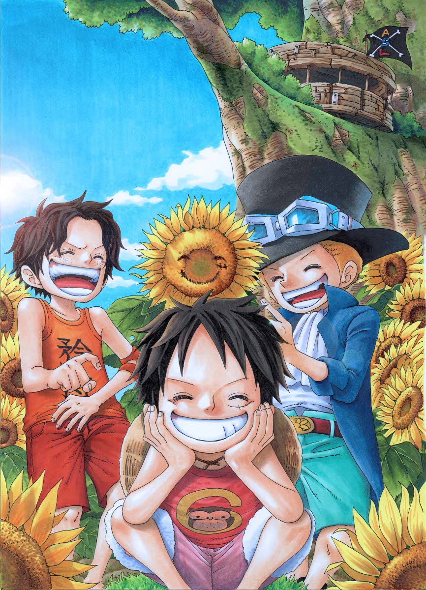 3boys brothers east_blue flower hat highres jolly_roger kara_(acluf-0156) laugh laughing male male_focus monkey_d_luffy multiple_boys one_piece portgas_d_ace sabo sabo_(one_piece) siblings smile straw_hat strawhat sunflower tank_top tree tree_house trio younger