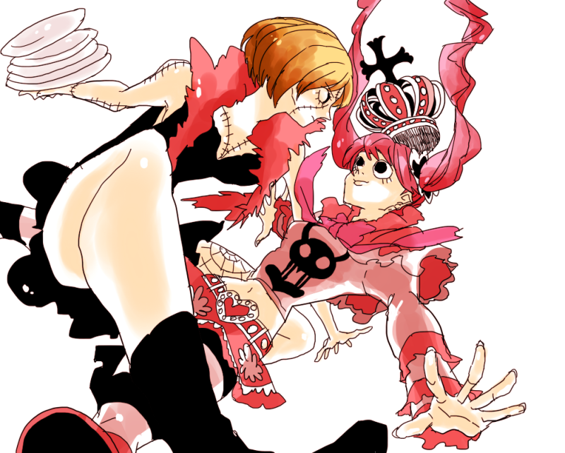 2girls black_dress black_shoes blonde_hair boa boots crown dress feather_boa female long_sleeves multiple_girls one_piece pantyhose patterned_legwear perona pink_hair plate red_shoes shoes skirt stitching striped striped_legwear thriller_bark twintails victoria_cindry zombie