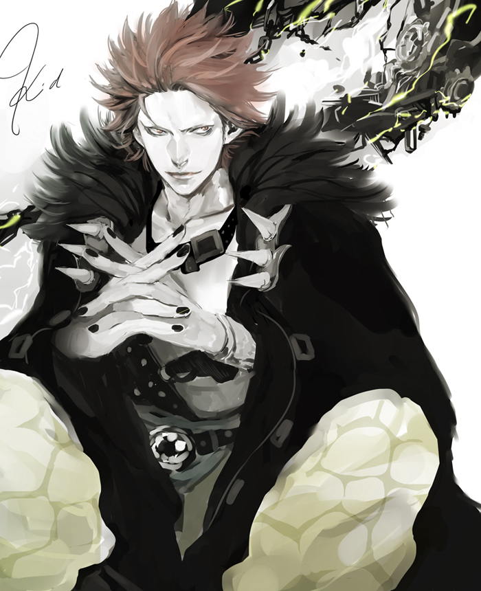1boy belt character_name eustass_captain_kid fur_coat goggles goggles_around_neck gun hands_clasped interlaced_fingers interlocked_fingers male male_focus nail_polish nude_jacket one_piece red_hair roco64 sash sitting solo weapon