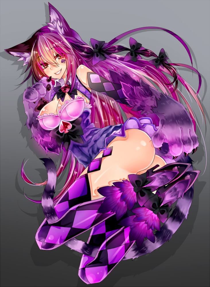 animal_ears ass bad_id bad_pixiv_id bow breasts cat_ears cat_paws cat_tail cheshire_cat_(monster_girl_encyclopedia) cleavage facial_mark grin guiyu_(cindy) hair_bow high_heels large_breasts long_hair monster_girl monster_girl_encyclopedia paws purple_hair red_eyes smile solo tail