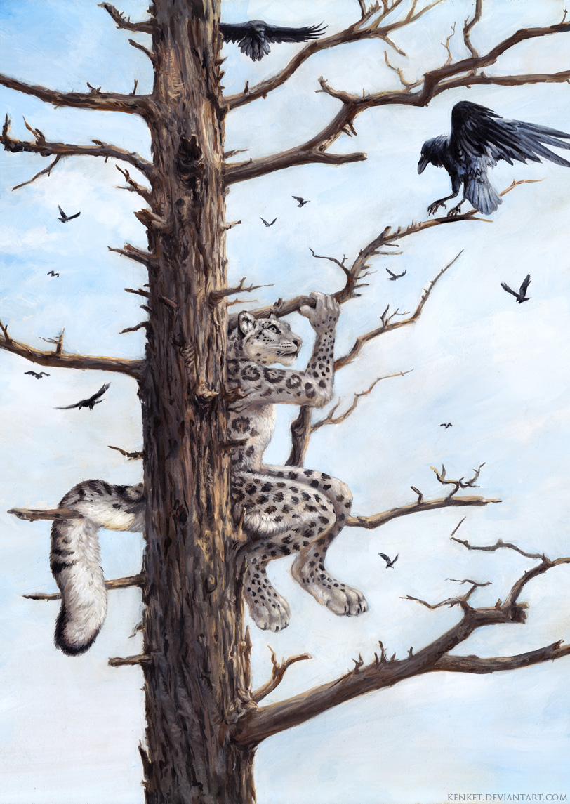 ambiguous_gender avian bird crow feline leopard looking_up mammal nude sitting sky snow_leopard tess_garman tree whiskers